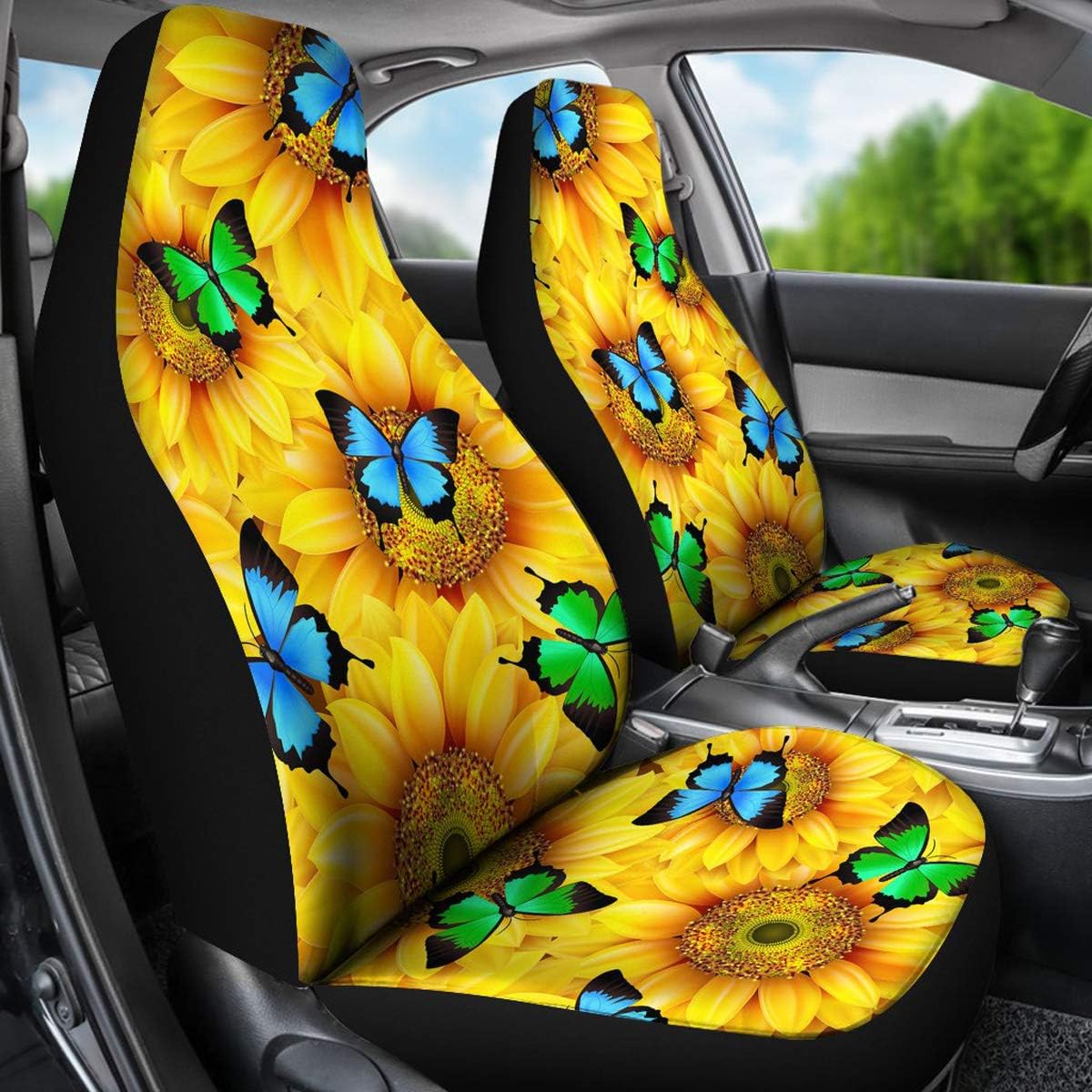 Sunflower Car Seat, Sunflower Car Seat Covers, Car Seat Cover Sunflower, Sunflowers & Butterflies Universal Car Front Seat Covers (Set of 2) - Custom Seat Protector Sunflower Lover Gift