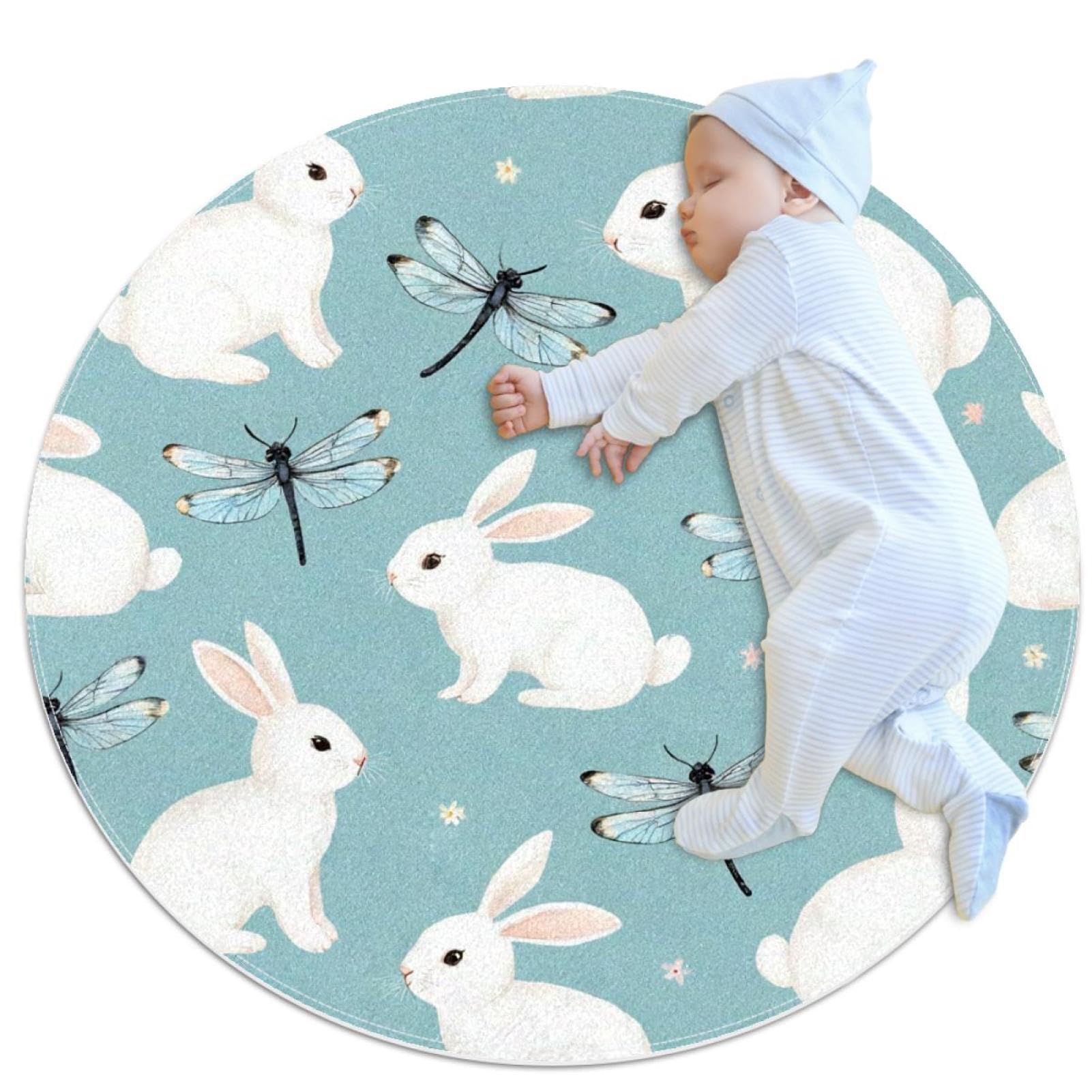 Tapis de salle de bain lapins et libellules, tapis rond 1m pour chambre et canapé