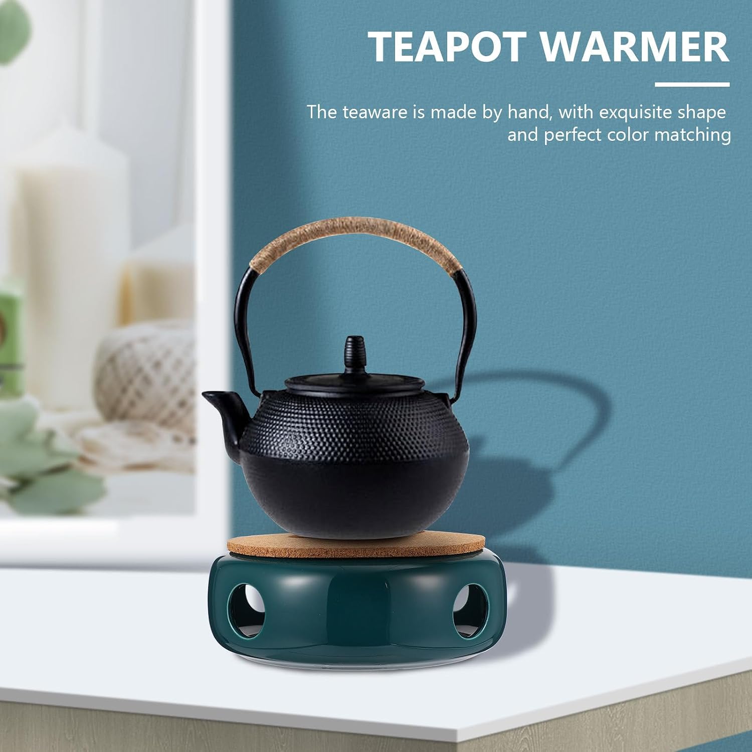 Ceramic Teapot Warmer with Wood Base Retro Tea Heater for Home Office Elegant Household Tea Warmer Dirt-Resistant and Easy to Clean Decorative Desktop Accessory