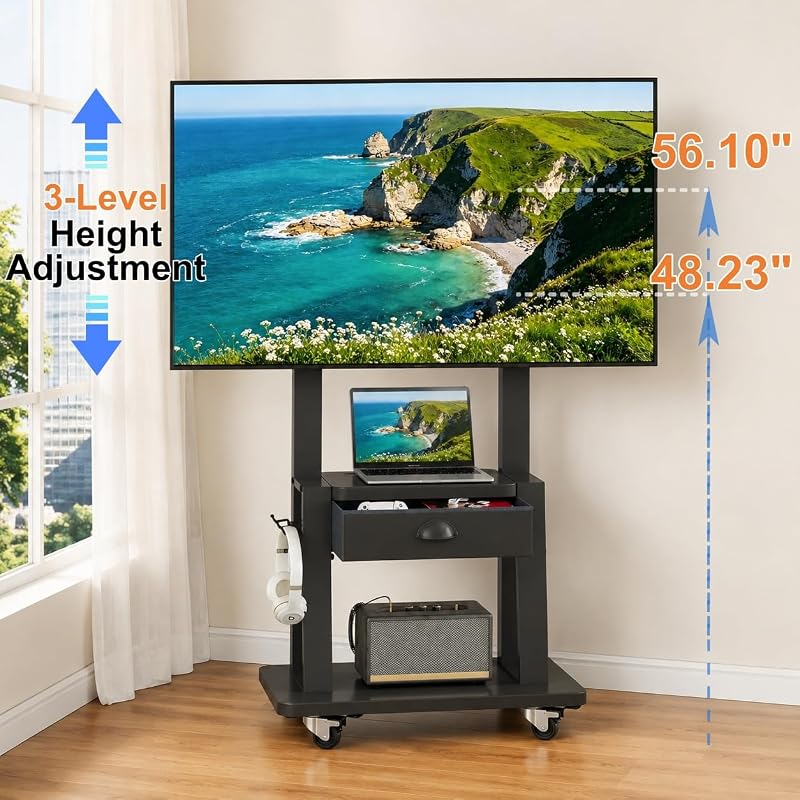 Mobile TV Stand with Storage Drawer for 23-75 Inch TVs up to 120lbs, Heavy Duty Rolling TV Cart with 2-Tier Shelves, Adjustable Height Outdoor TV Stand on Wheels, Max VESA 600x400mm, Black image 2