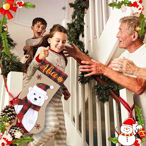 Miniatura 9 de Dreamdecor Medias de Navidad personalizadas con nombre, calcetín de Navidad de 18 pulgadas, ciervo, gnomo, Papá Noel, muñeco de nieve, arpillera, a