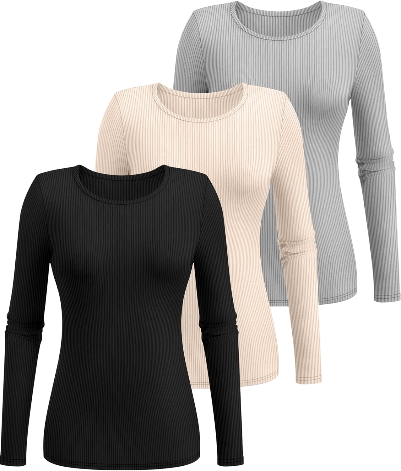 Ficerd 3 Pack Women's Ribbed Long Sleeve Tops, Crew Neck Slim Fit Undershirts Knit Basic Casual Stretch Layering Tee Shirts - Image 3