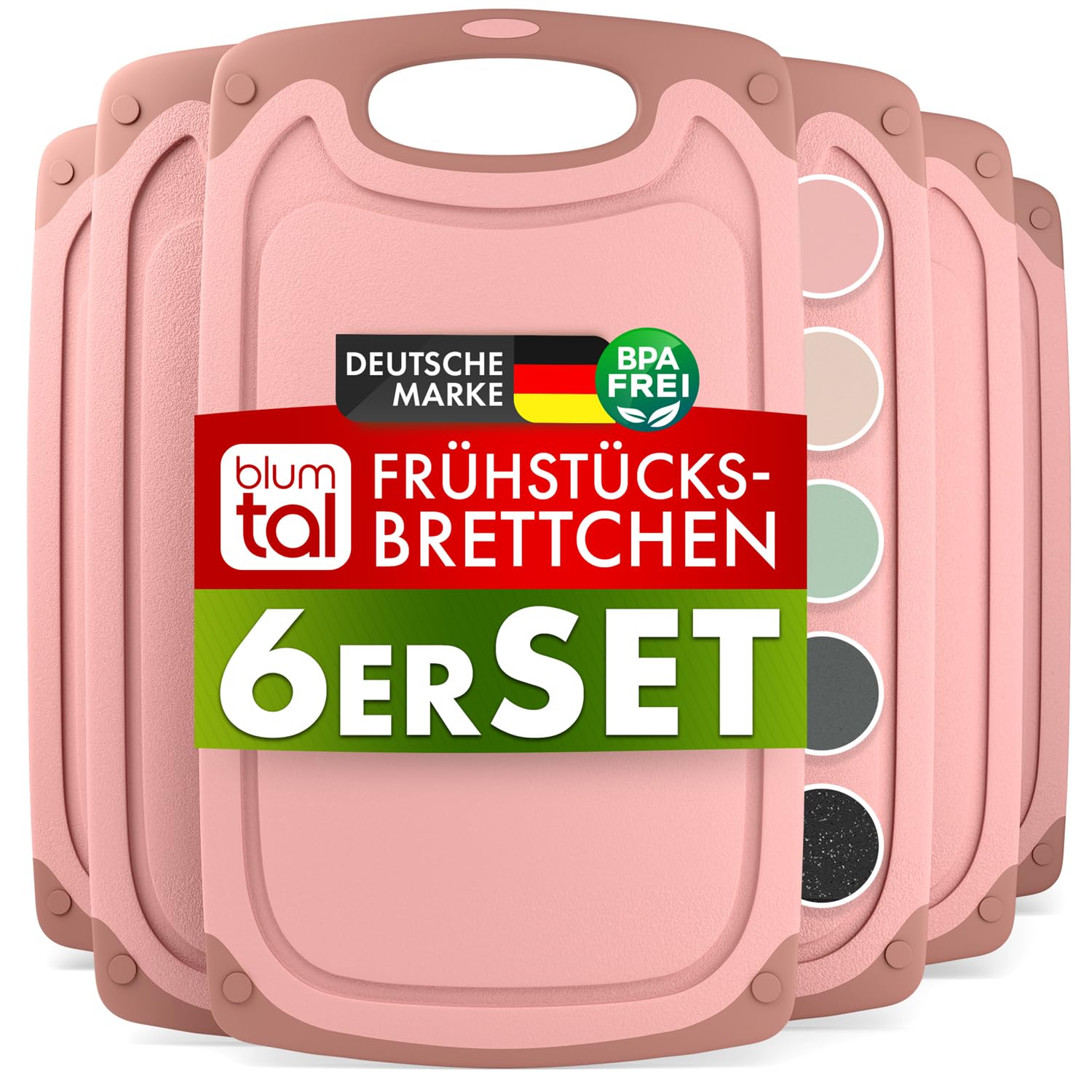 Blumtal Frühstücksbrettchen Kunststoff 25x15 cm – 6er Set, BPA-frei, spülmaschinenfest, Rose