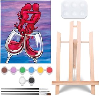 VOCHIC Sip and Paint Kit Pre Drawn Canvas Painting Kit for Adults Party Supplies with Picture to Paint 1 Easel, 8 Acrylic Colors,3 Brushes,1 Pallet Art Set (Wine Glasses, 8x10 Inches)
