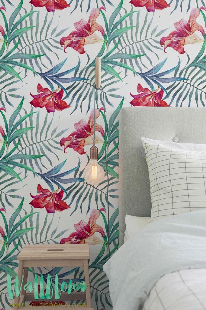 Red Magenta Hibiscus & Palm Areca Temporary Wallpaper, Self Adhesive Removable Wallpaper, Wallpaper Roll, Wall Decor, 246