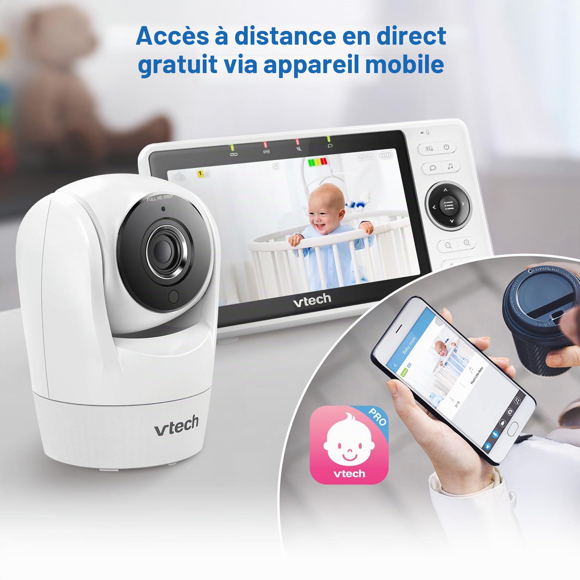 Vtech Smart Baby Monitor VM901-1W Écran LCD 5", caméra 1080p, Vue Grand Angle 120°, Vision Nocturne, Zoom pan-Tilt à Distance, Talc bidirectionnel, Fonctionne avec iOS et Android, WiFi