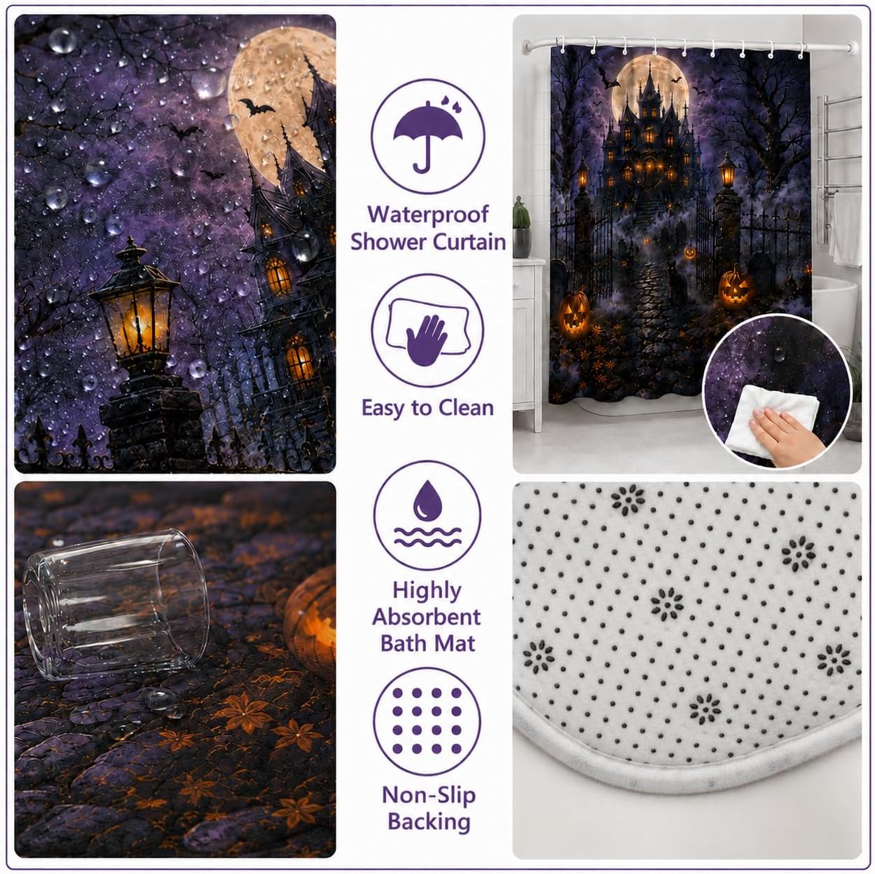 4 Pcs Halloween Shower Curtain Set, Halloween Bathroom Decor Gifts