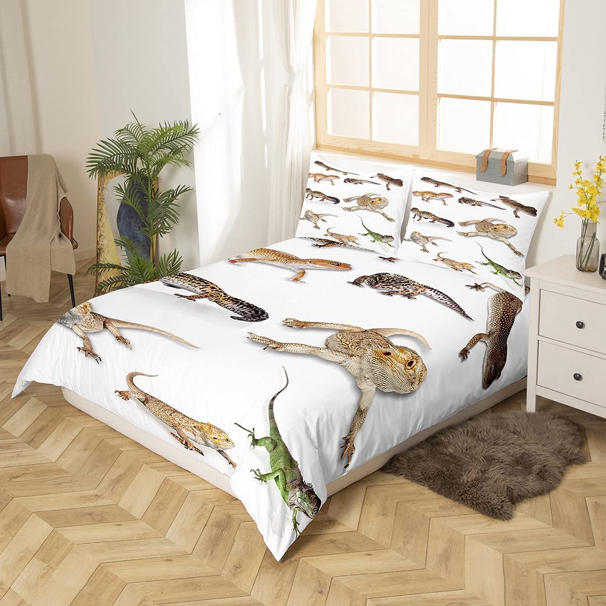 Loussiesd Reptil Bettwäsche-Set für Kinder Mädchen Jungen Teens Kind,Leopard Gecko Bettbezug Primitive Wildlife Tiere Eidechse Beige Weiß Grün,Dekor 2 Stück Bettwäsche 135x200cm