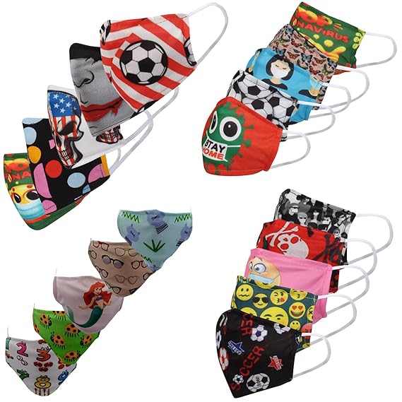 Creative Kids Polycotton Fabric Cartoon Print Reusable & Washable Assorted Face Masks (Multicolor; Pack of 20)