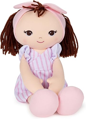 GUND Muñeca morena de felpa para bebé, vestido de rayas rosas, 8 pulgadas