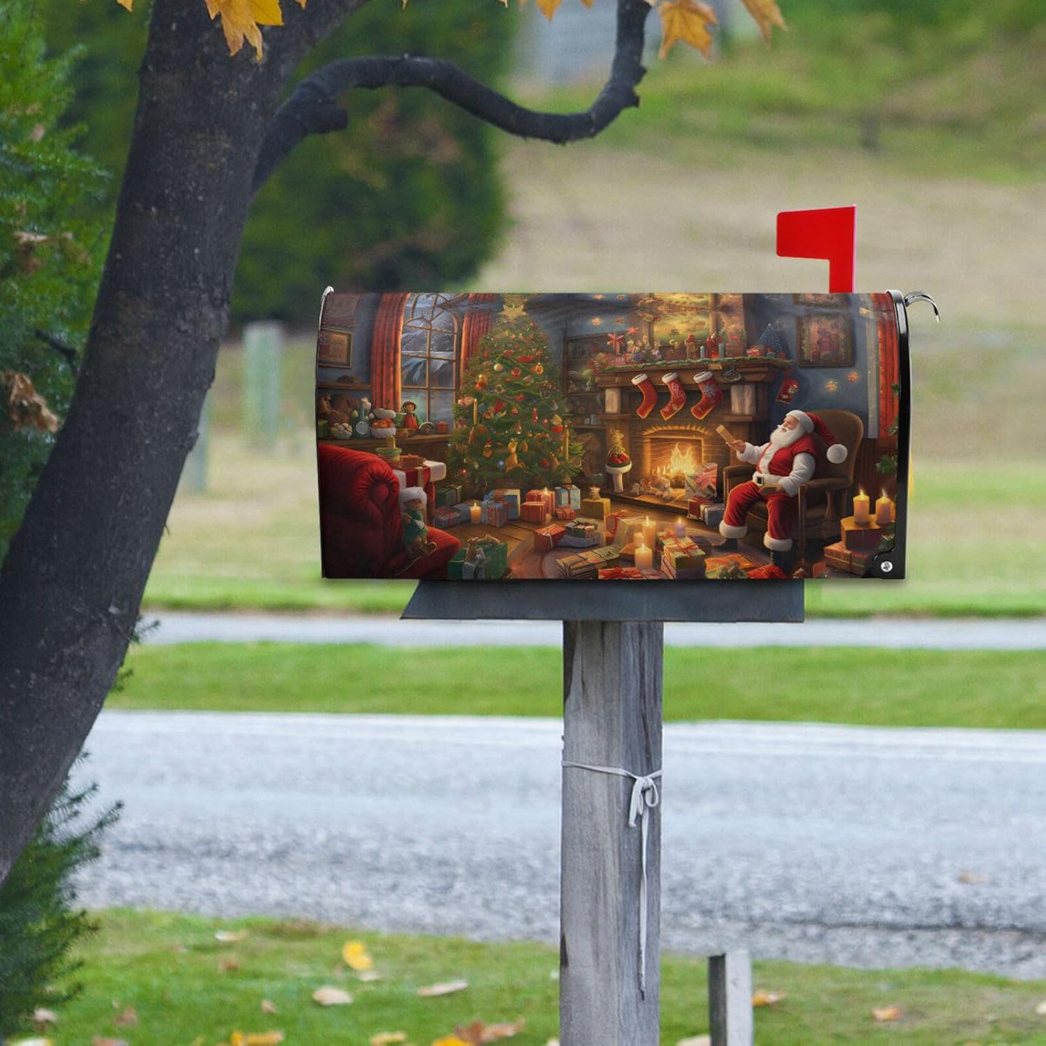 MNSRUU Nylon Mailbox Covers Magnetic Christmas Santa Claus Tree Mailbox Covers Large Mail Box Oversized 20.8x25.4in Mailbox Wraps Post Letter Box Cover for Garden Decorations