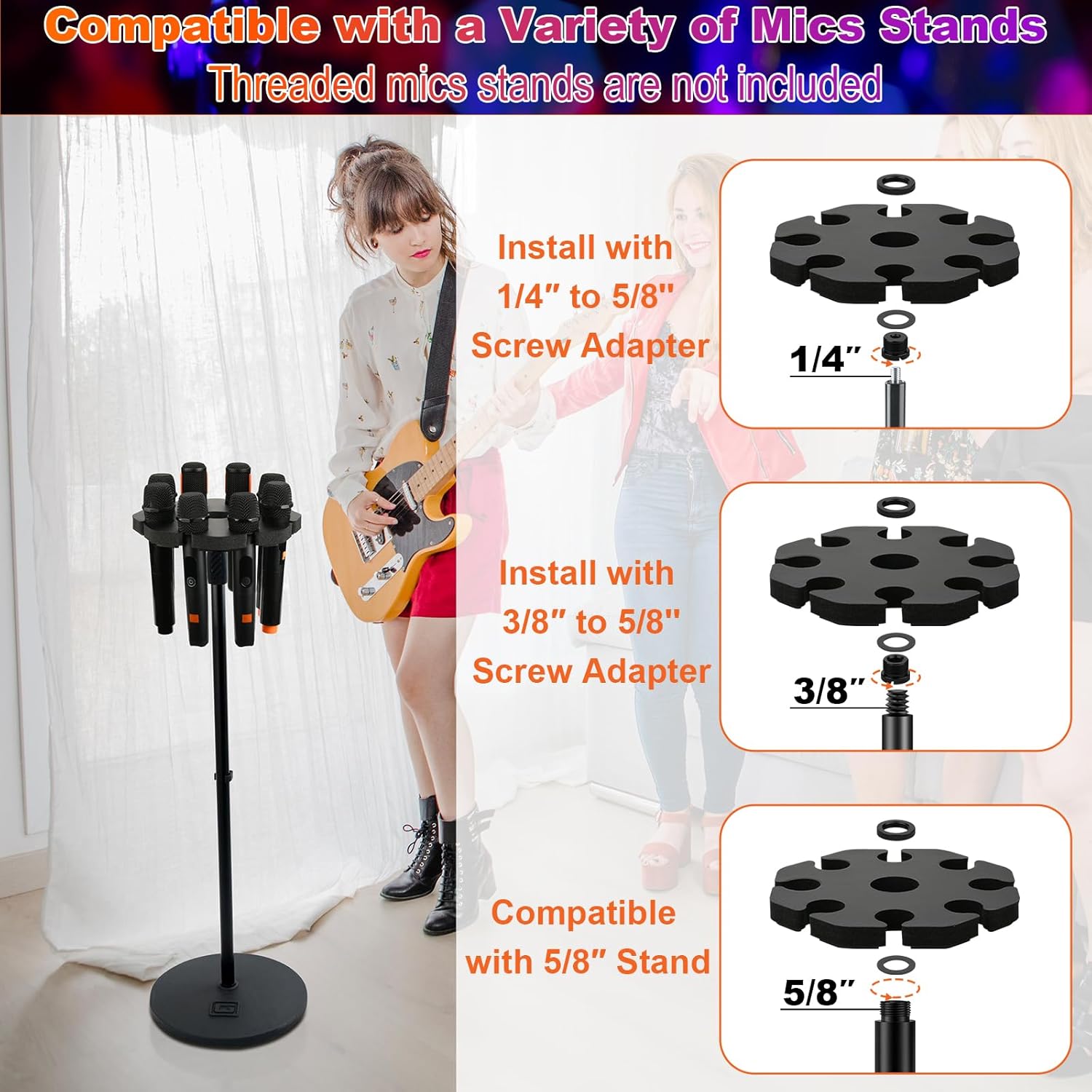 Multi Microphone Holder for Mics Stand, Handheld Microphone Storage Organizer for 1/4", 3/8" and 5/8" Threaded Stand, Mics Tray Attachment Hold up to 8 Mics for Organizer and Display