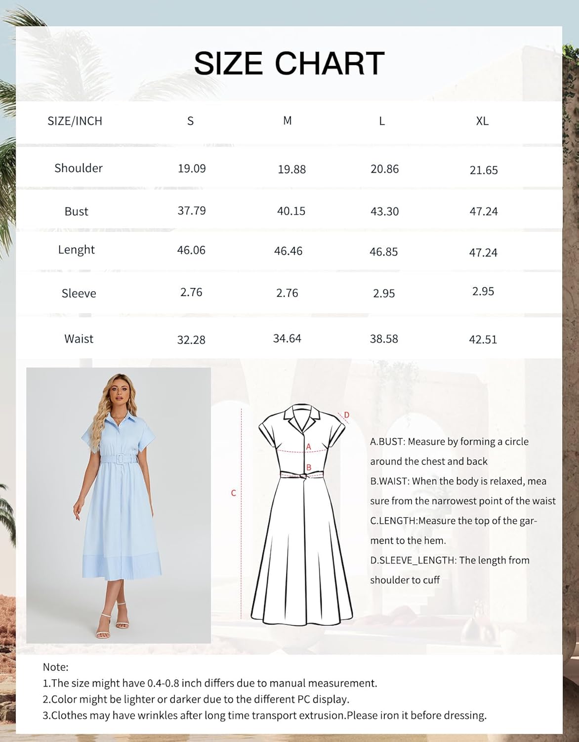 Ladyful Women Casual Button Down Shirt Dress Short Wing Sleeve Buiness Midi Shirt Dress with Belt Elegant Dress Light Blue - Image 7