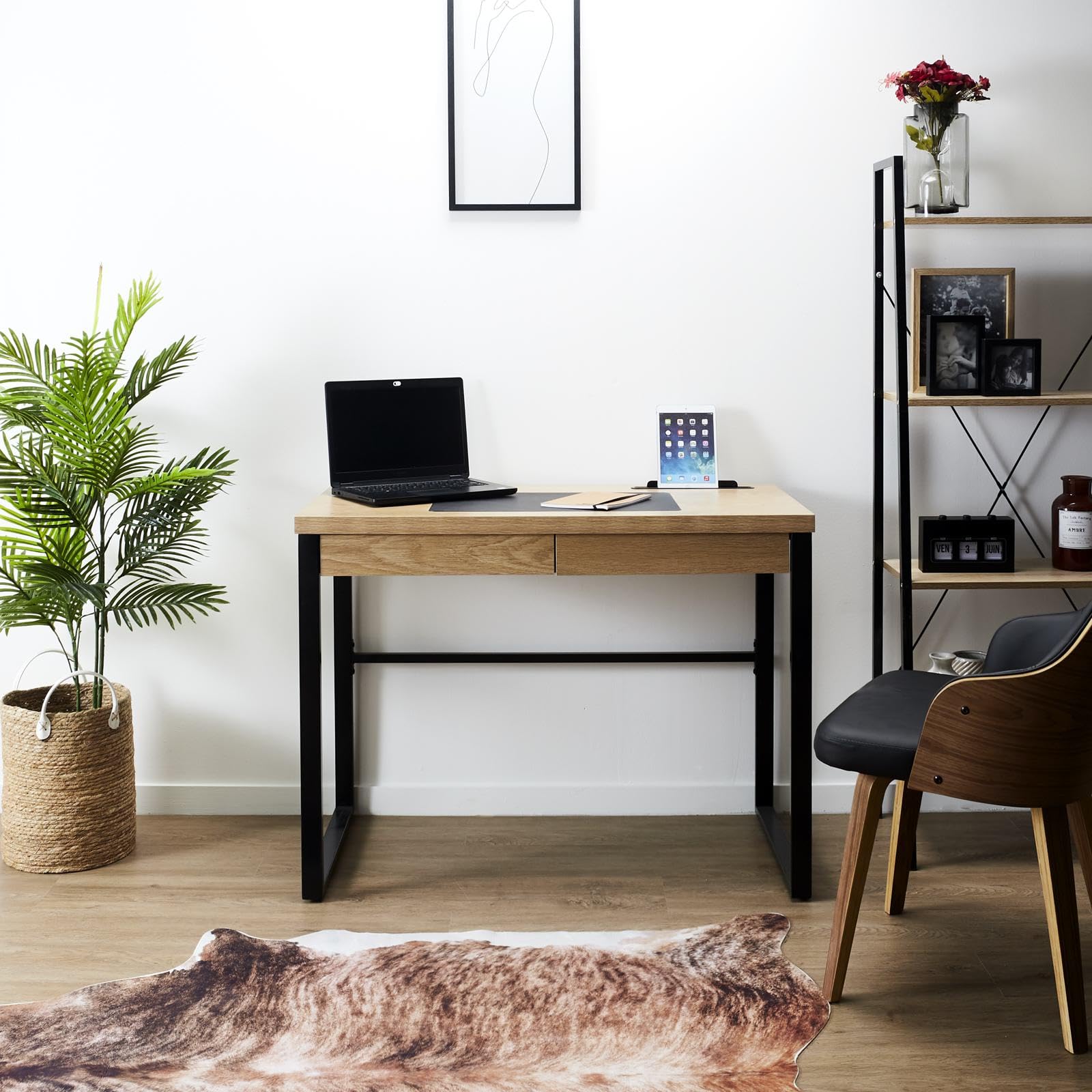 HOME DECO FACTORY Bureau en Bois avec Tiroir Structure Métal Industriel | Bois et métal, bureau, tiroir de rangement, structure métal style industriel, bureau ou chambre, robuste, 110x110x16 cm, bois