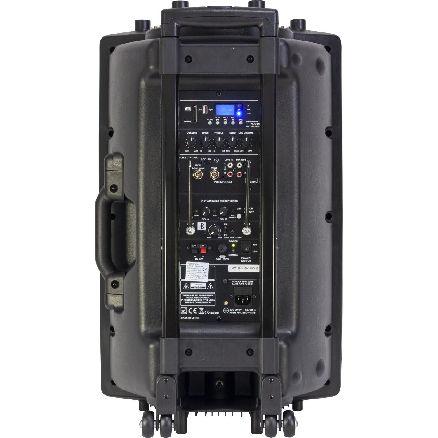Ibiza BD-Port15VHF Système PA mobile 15 ports, USB-SD-MP3, 450 W, table de mixage, construction trolley, avec batterie et 2 micros sans fil