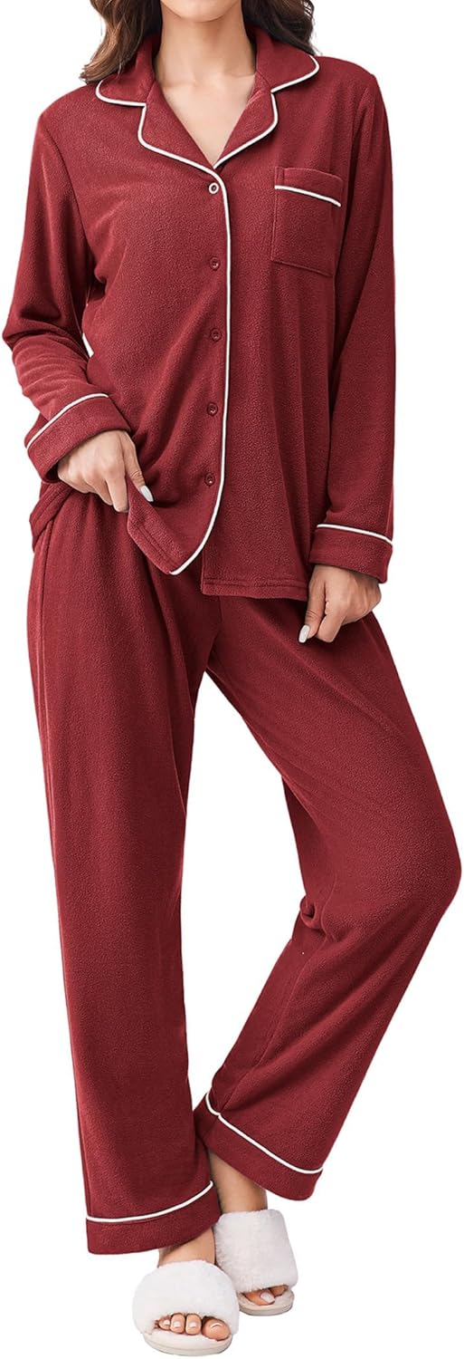 Ekouaer Women's Fleece Pajama Sets Long Sleeve Button Down Two-piece Sleepwear Soft Lounge Set