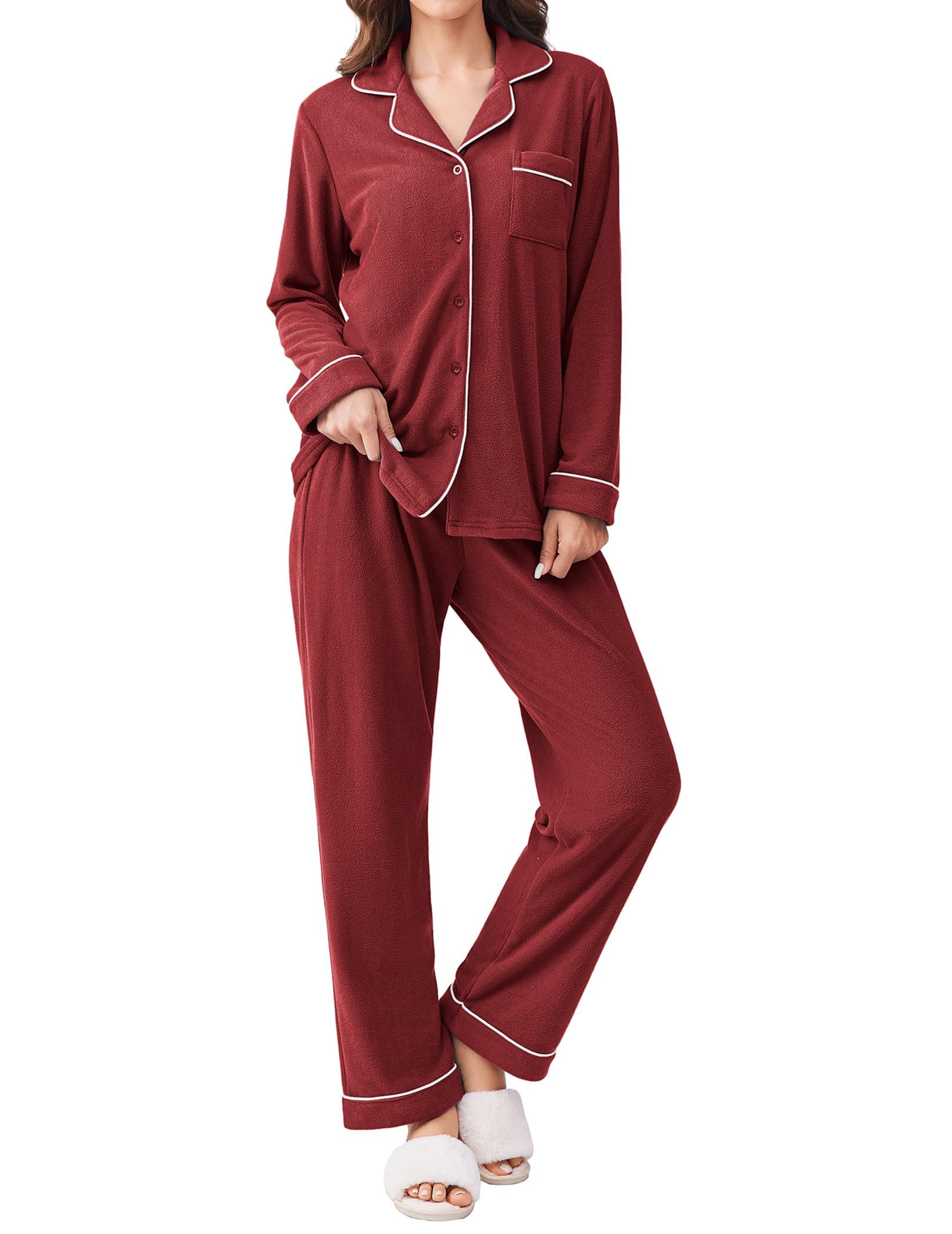 Ekouaer Womens Fleece Pajama Sets Long Sleeve Button Down Two-piece Sleepwear Soft Lounge Set