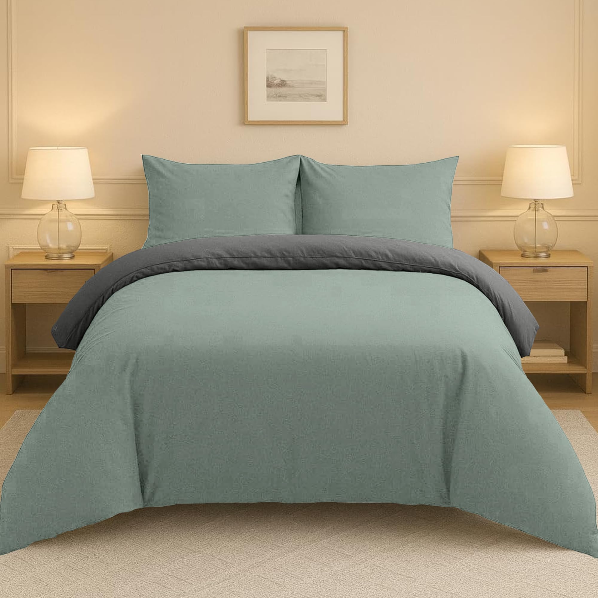 Lions Plain Dye Bedding, Single Duvet Cover Set with Pillowcase, 2 Piece Ultra Soft Reversible Quilt Covers, Microfiber Premium Quality, 137x200cm, Sage Green Charcoal — image 1