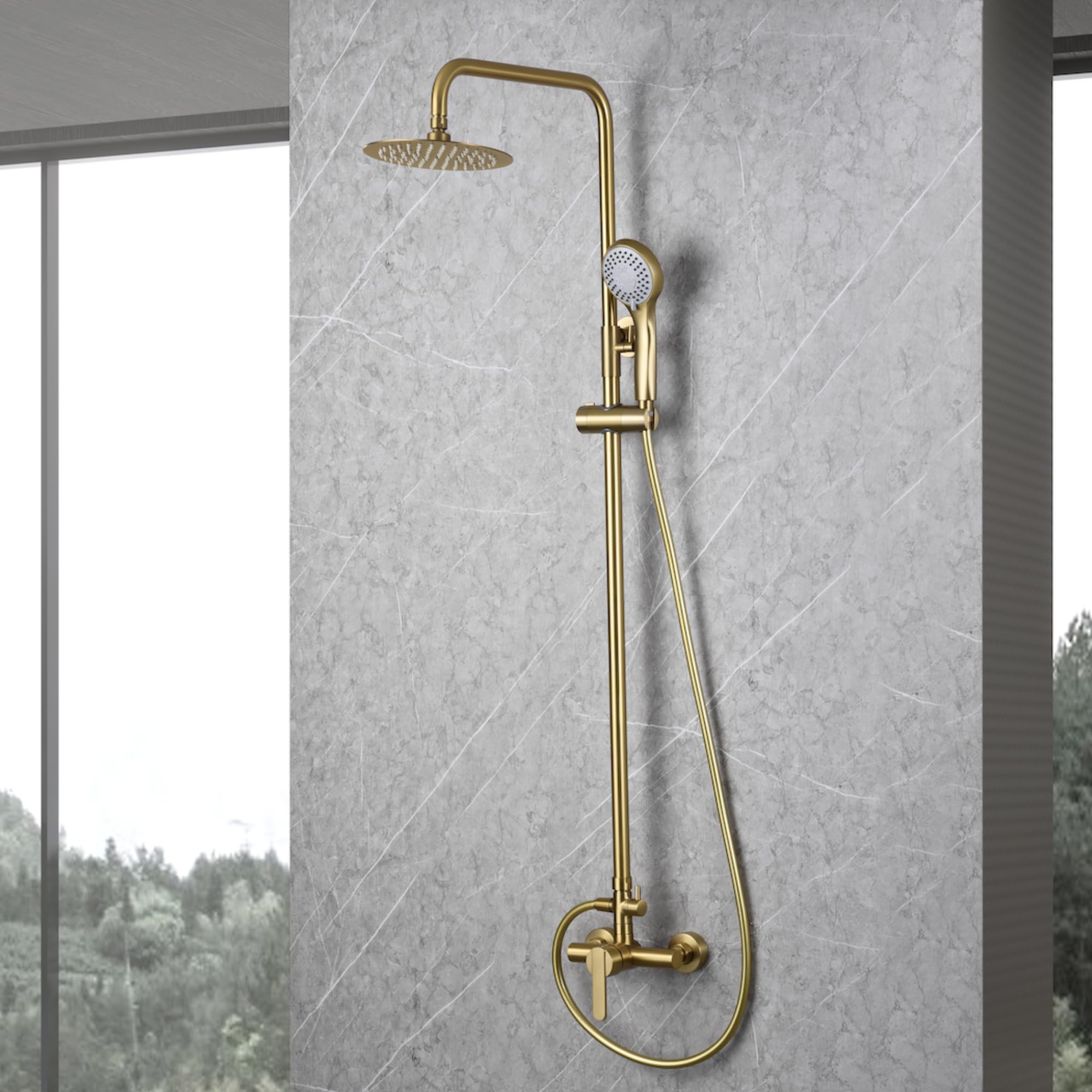 IMEX - Columna Ducha Oro Cepillado con Grifo | Conjunto de Ducha Monomando con Alcachofa y Rociador Antical | Griferia en Latón y Acero Inox S.304 con Barra Extensible | Serie Roma