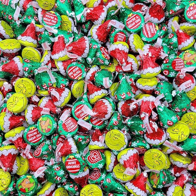 Miniatura 1 de Hershey Kisses Grinch - Besos navideños de chocolate con leche en papel de aluminio de Grinch - Caramelos de chocolate Hersheys Kisses envueltos