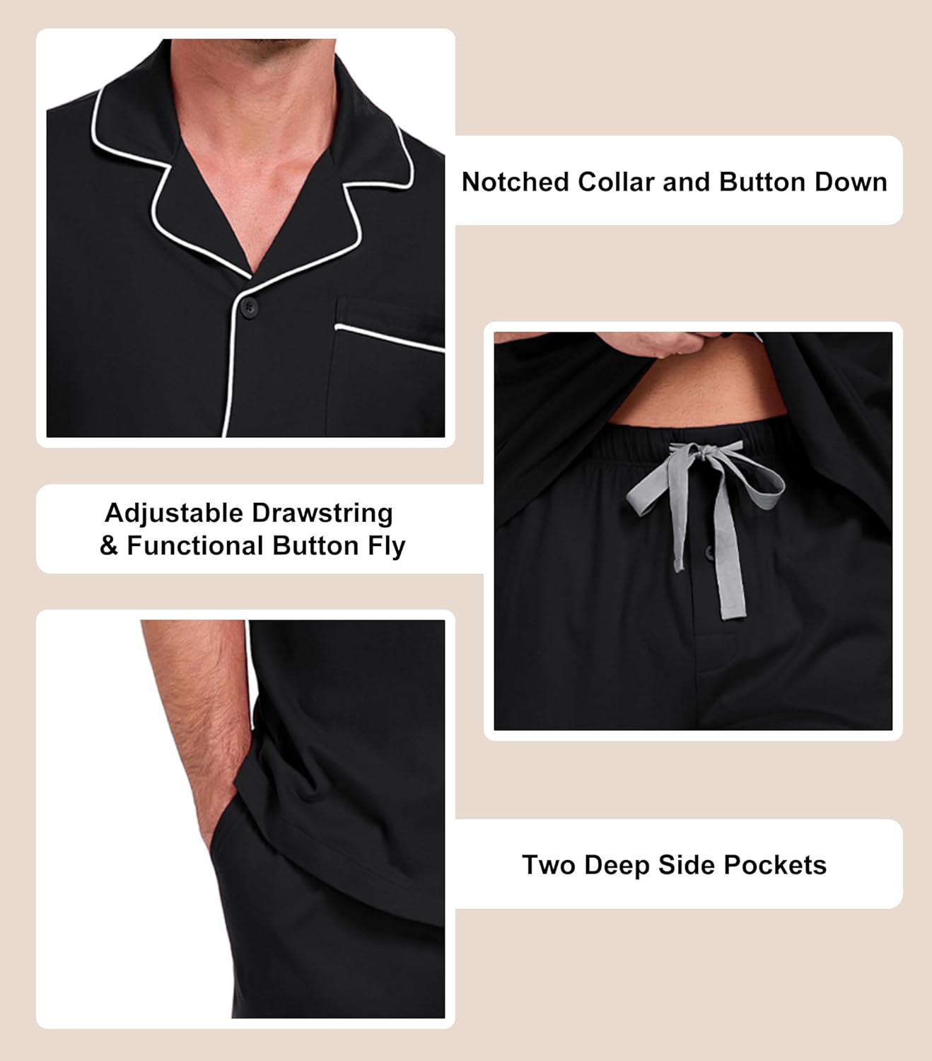 EA'S SECRET Men's 100% Cotton Pajamas Set Short Sleeve Button Down Notched Collar Sleepwear Lounge Pjs Set With Pockets - Image 5