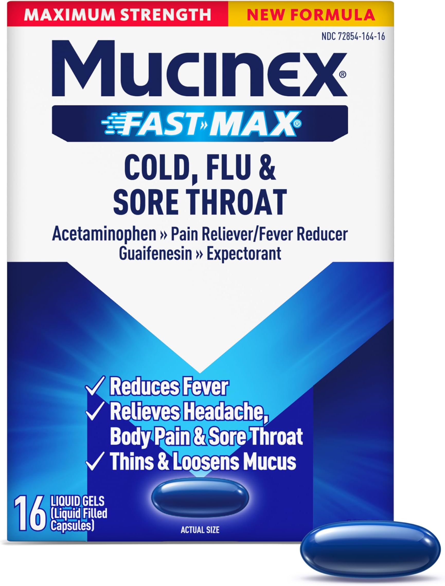 Fast-Max Maximum Strength Cold, Flu & Sore Throat Medicine for Adults, Powerful Over-The-Counter Medication for Chest Congestion & Cold and Flu Symptoms, Fast Dissolving Liquid Gels, 16 Count