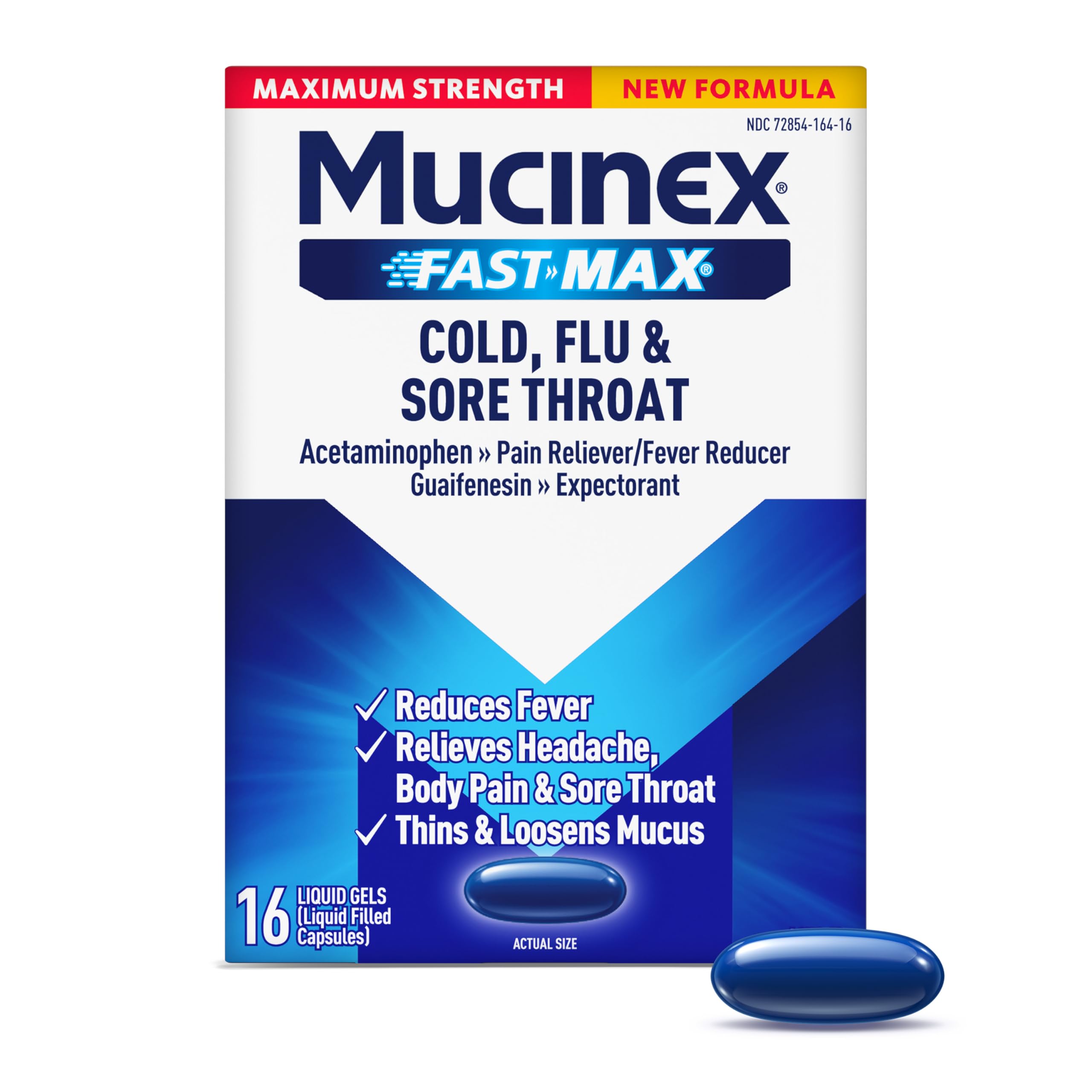 Mucinex Fast-Max Maximum Strength Cold, Flu & Sore Throat Medicine for Adults, Powerful Over-The-Counter Medication for Chest Congestion & Cold and Flu Symptoms, Fast Dissolving Liquid Gels, 16 Count