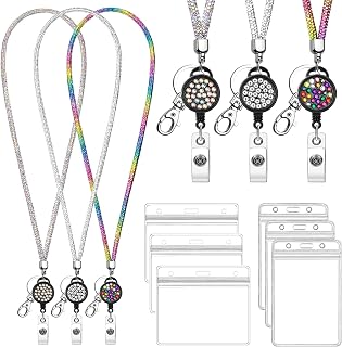 Soleebee 3 Pack Rhinestones Office Lanyard with Retractable Badge Reel, Vertical & Horizontal Clear ID Card Holder for Nurse Doctor Teacher Student (AB Color/Silver/Rainbow)
