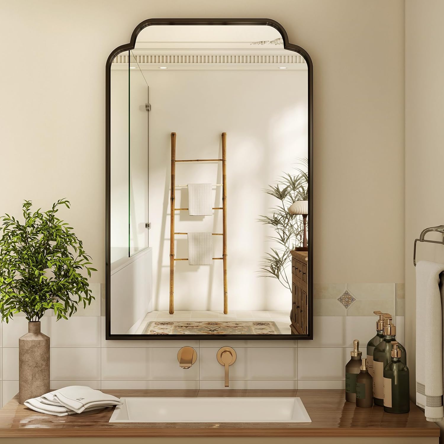 XRAMFY 24X36 Inch Black Bathroom Mirror for Wall, Modern Rounded Corner Rectangle Mirror with Non-Rusting Iron Metal Framed Bathroom Vanity Mirror for Over Sink Wall Decor