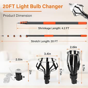 Light Bulb Changer for High Ceilings with Extension Pole 20FT