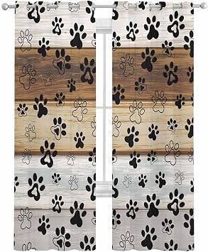 Beige Brown Dog Paw Prints Sheer Curtains 63 Inch Length 2 Panels Set for Living Room/Bedroom, Country Kitchen Curtains with Grommet, Farmhouse Wooden Semi-Sheer Window Treatments 42"x63"x2