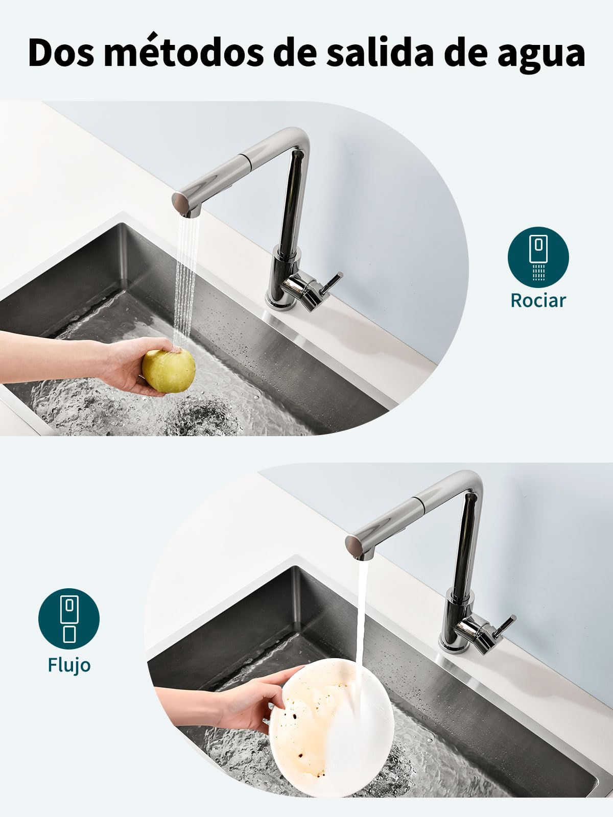 Hiqufet Grifo de Cocina con Arco Alto y Brazo Extraíble, 2 Modos de Pulverización Giratorio 360°, Cromo Pulido