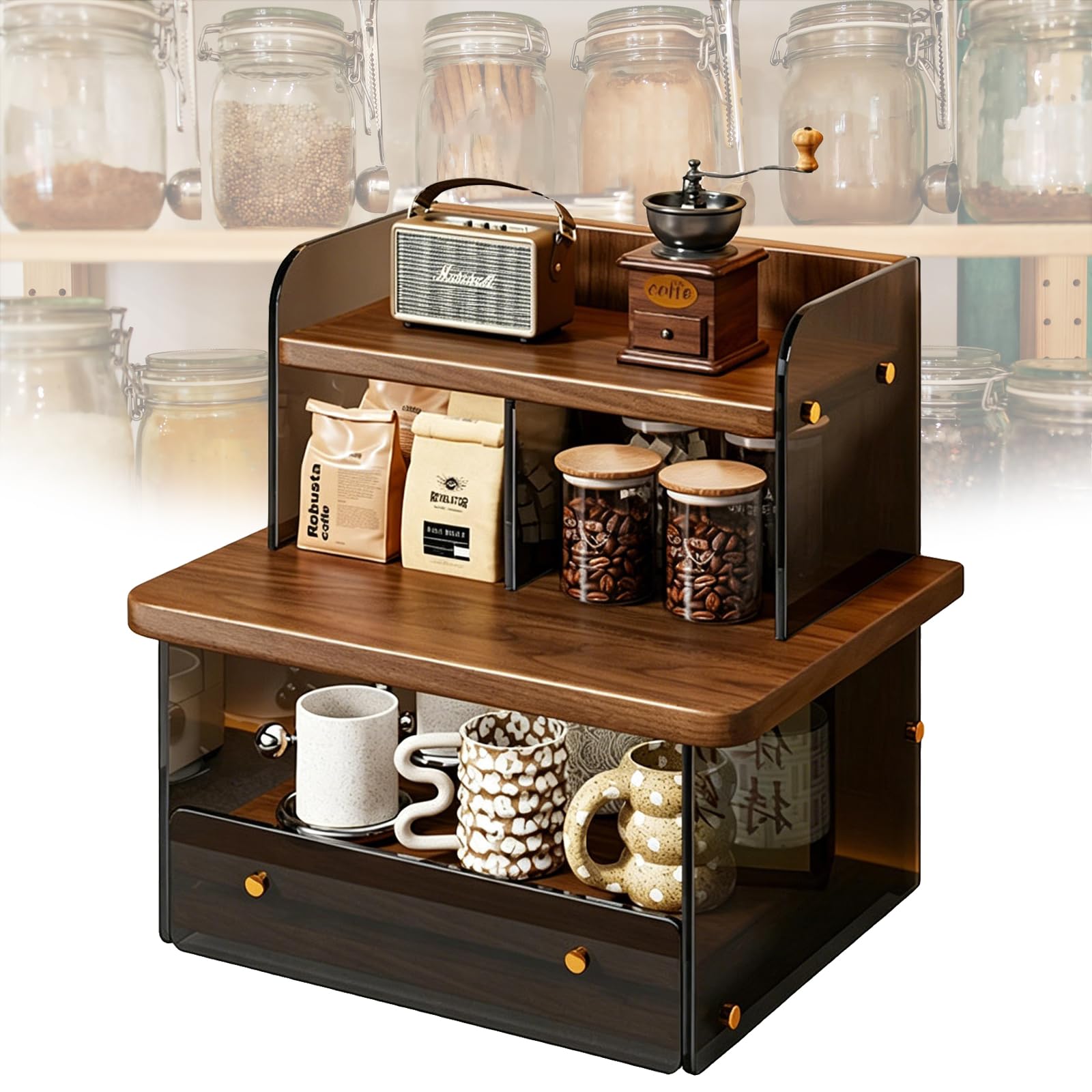 Weyot Coffee Mug Display Rack, Coffee Station Bar Organizer for Countertop, Acrylic Coffee Cup Display Shelf, Makeup Organizer for Vanity Brown,32x26x35cm
