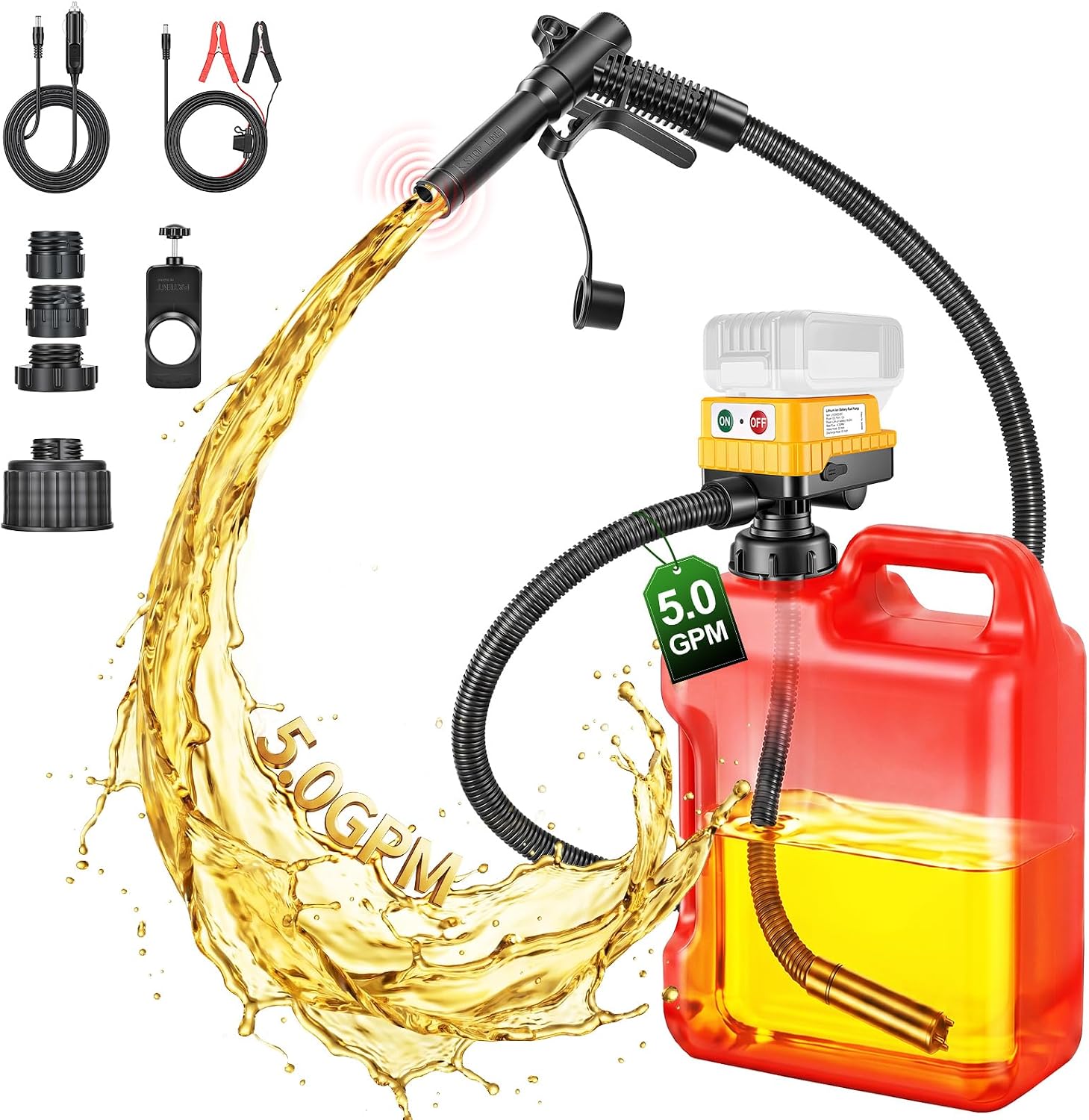 5GPM Cordless Fuel Transfer Pump with Auto-Stop,Battery Clamps&Cigarette Lighter,Compatible with DeWalt 20V & Milwaukee Battery,Portable Gas Pump with 5 Adapters for Diesel Gasoline Water(Tool Only)