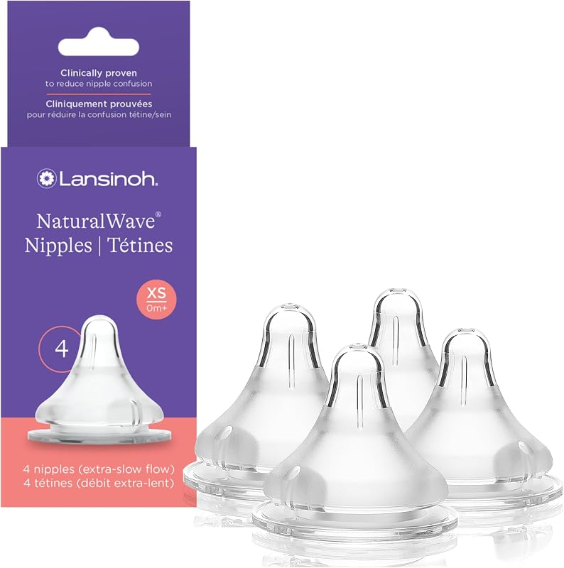 Lansinoh NaturalWave Baby Bottle Nipples, Slow Flow, Size S, 1+ Month, 4 Count 100% Soft, Durable Silicone, Made Without BPA BPS, Anti-Colic, Supports Baby's Developing Mouth and Teeth