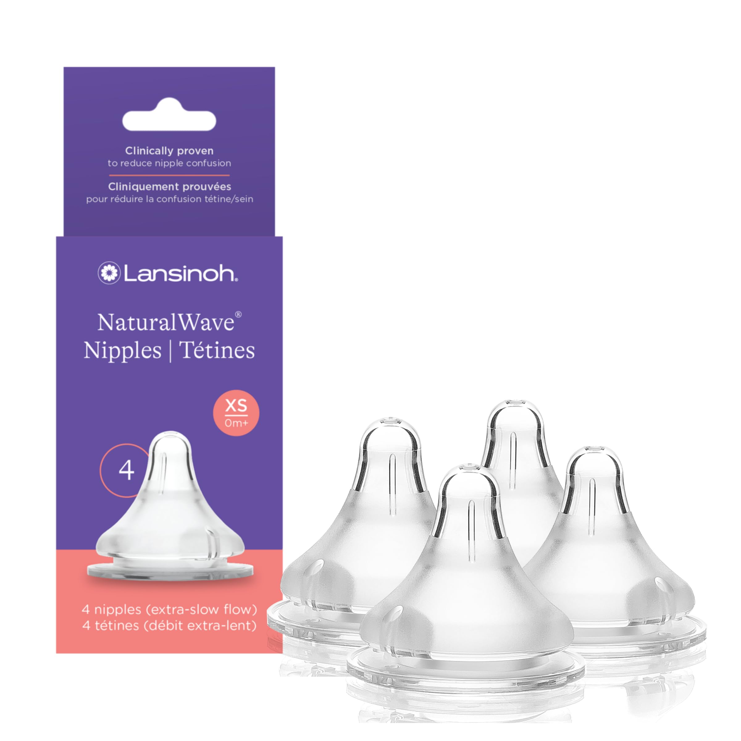Photo 1 of Lansinoh NaturalWave Baby Bottle Nipples, Extra Slow Flow, Size XS, 0+ Months, 4 Count – 100% Soft, Durable Silicone, Made Without BPA BPS, Anti-Colic, Supports Baby’s Developing Mouth and Teeth