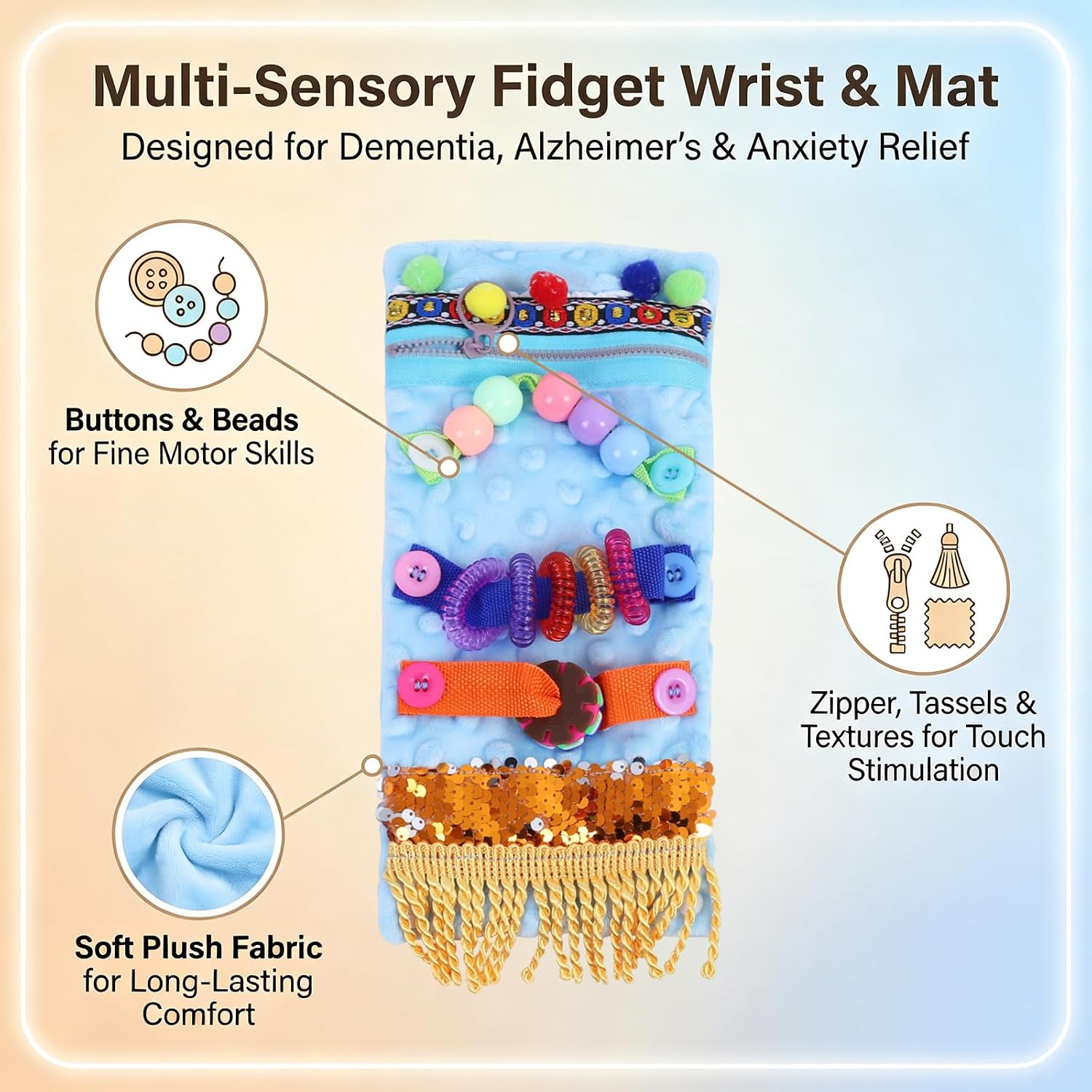Sensory Sleeve Plush Bean-Shaped 28 x 13 cm (Blue, Pair) Soft Plush Hand Activity Pad & Wrist Wrap, Portable Tactile Hand Exercise Aid with Various Daily Life Skills Design