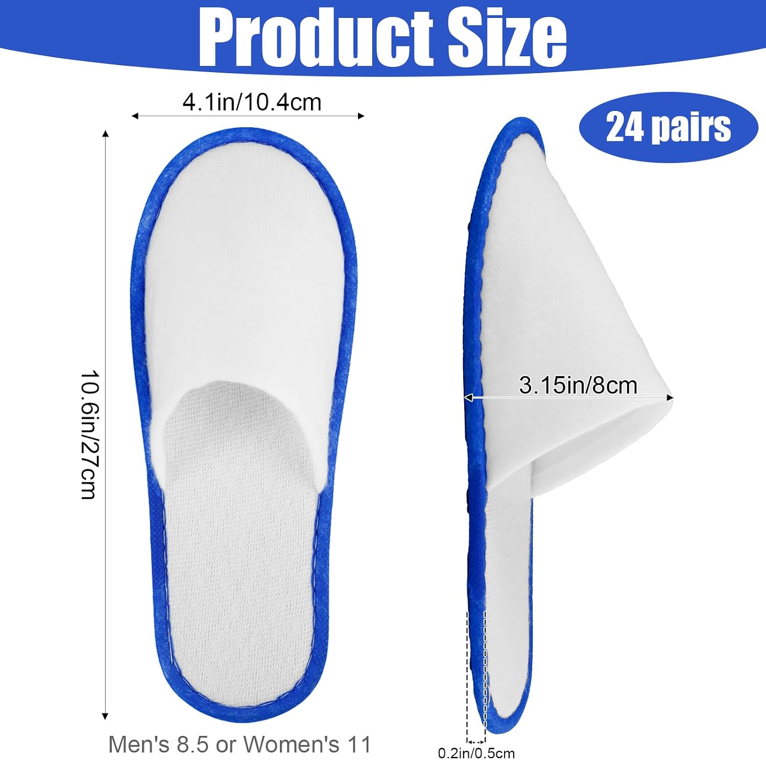 24 Pairs Disposable Slippers, 10.6 inch Spa Slippers, White, Closed Toe Non-Slip, for Guests, Hotel, Travel, Blue Edge