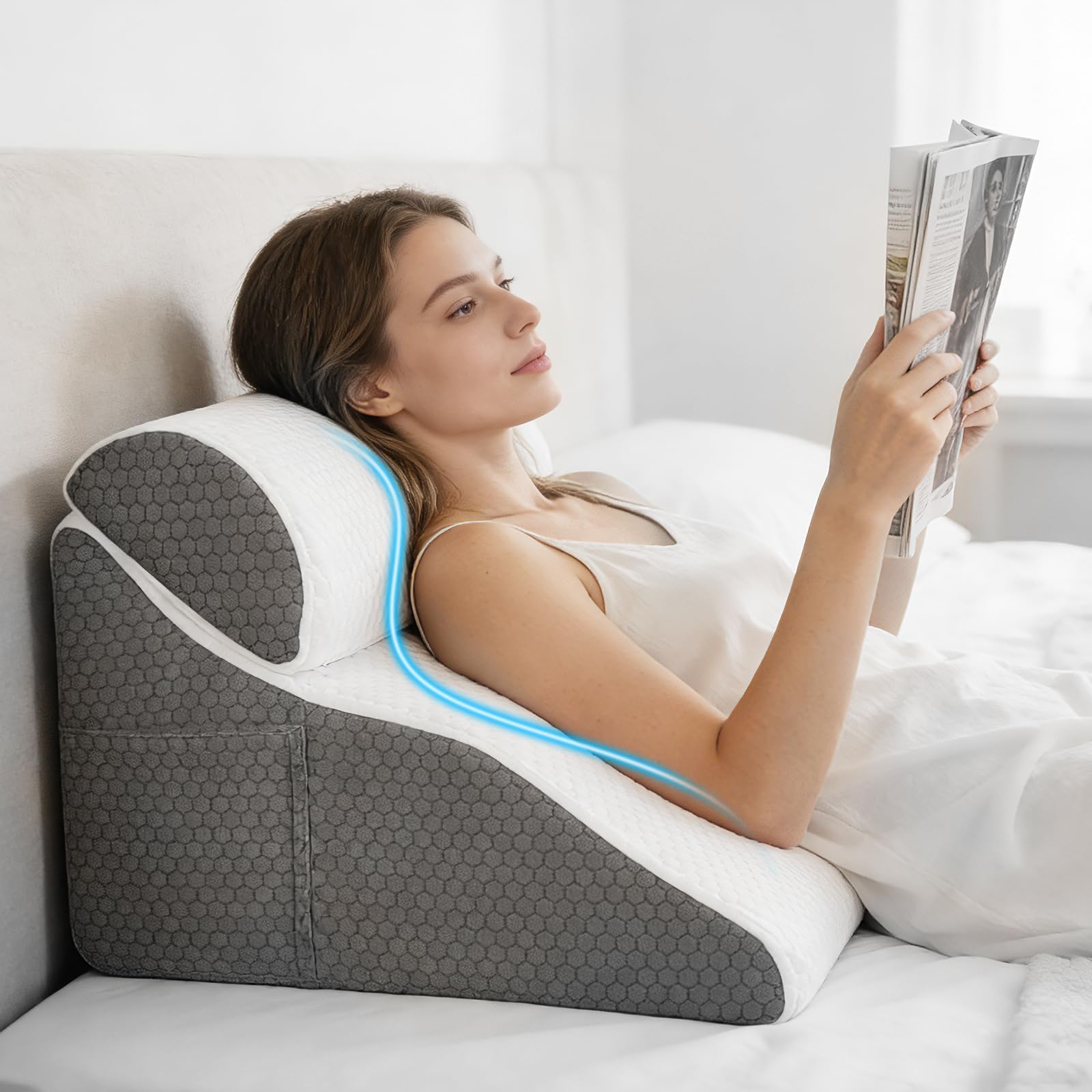 Lesekissen für Bett und Sofa, Ergonomisches Rückenlehne Kopfkissen, Verstellbares Keilkissen mit Memory-Schaum für Rückenunterstützung beim Entspannen, Spielen, Lesen oder Fernsehen