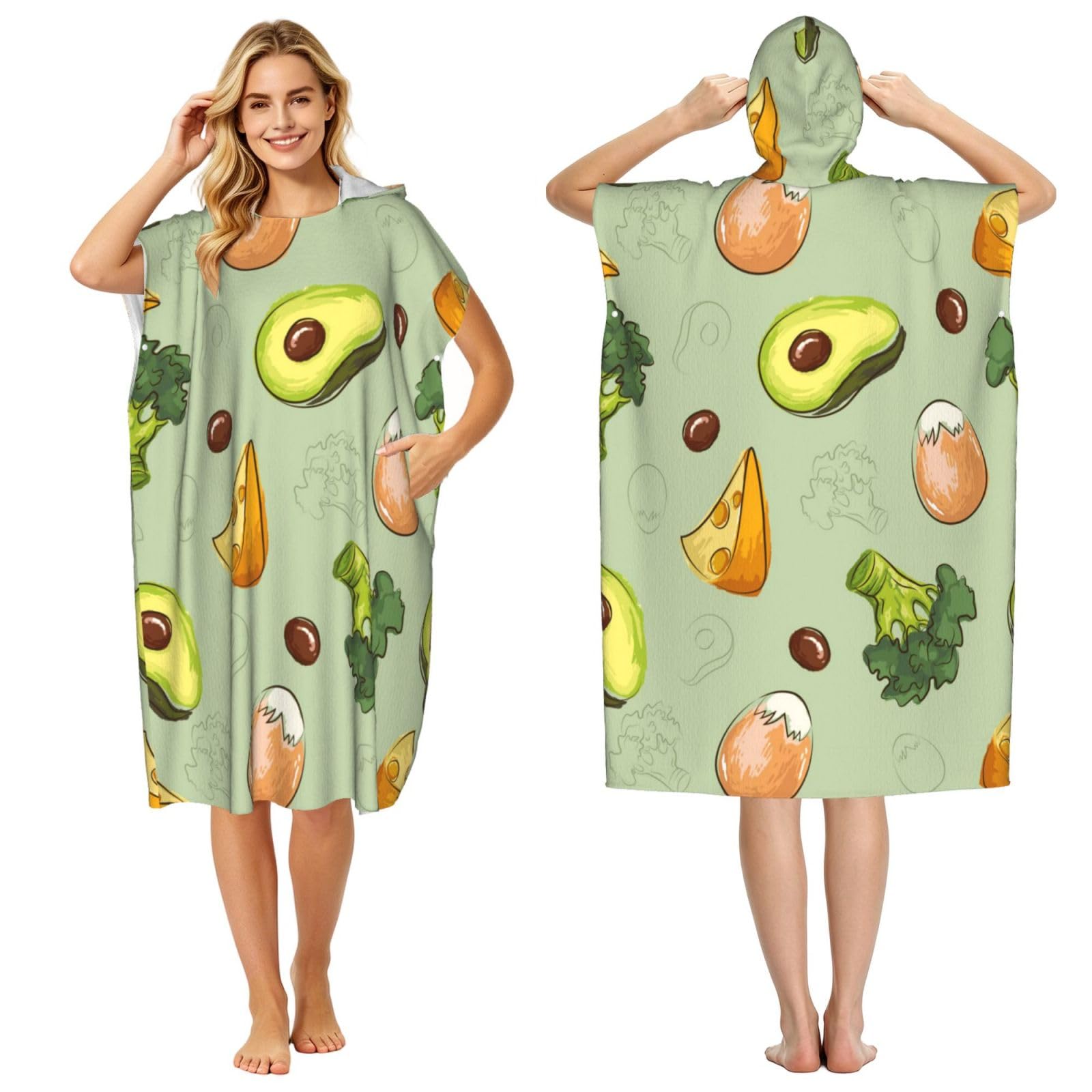 Poadnly Doodle Broccoli Cheese Avocado, Adult Hooded Beach Towel 90 x 110 cm,Changing Bath Robe, Surf Poncho Towel For Women Men