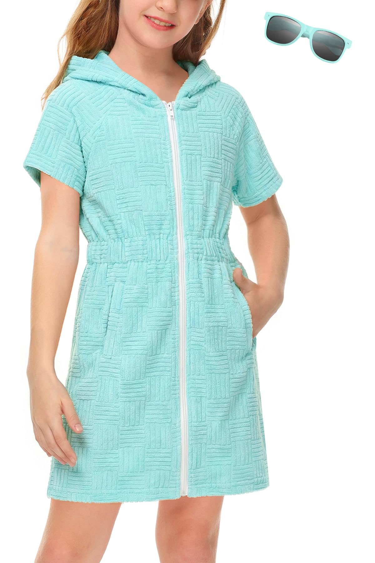BesserBay Girls Swim Cover Up Beach Bathing Suit Coverups for Swimwear Zip-Up Terry Cloth Robes with Sunglasses 6-14 Years