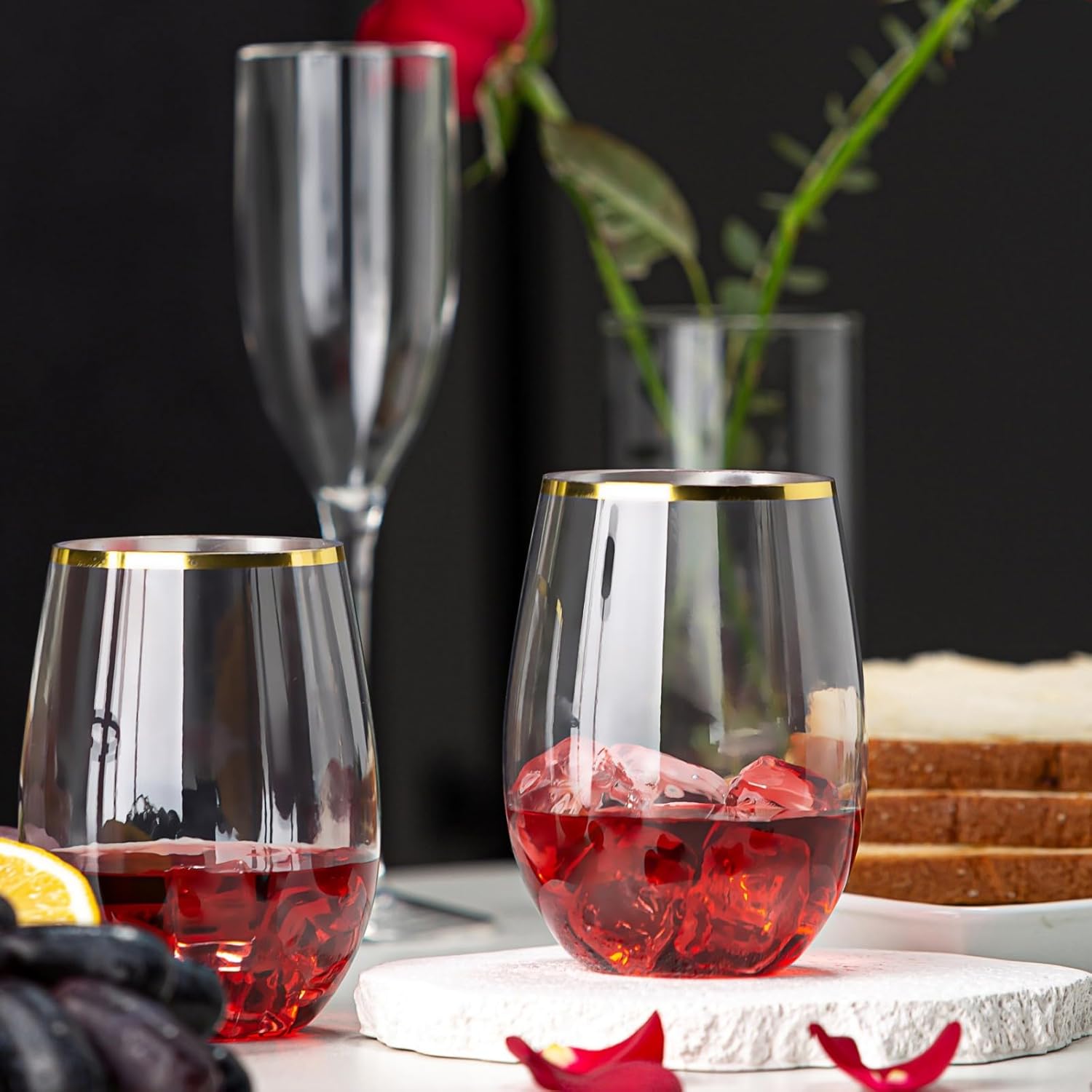 32 Pack Disposable Clear Plastic Champagne Flutes & Wine Glasses - 16 PCS 9oz & 12oz Stemless Glasses for Parties