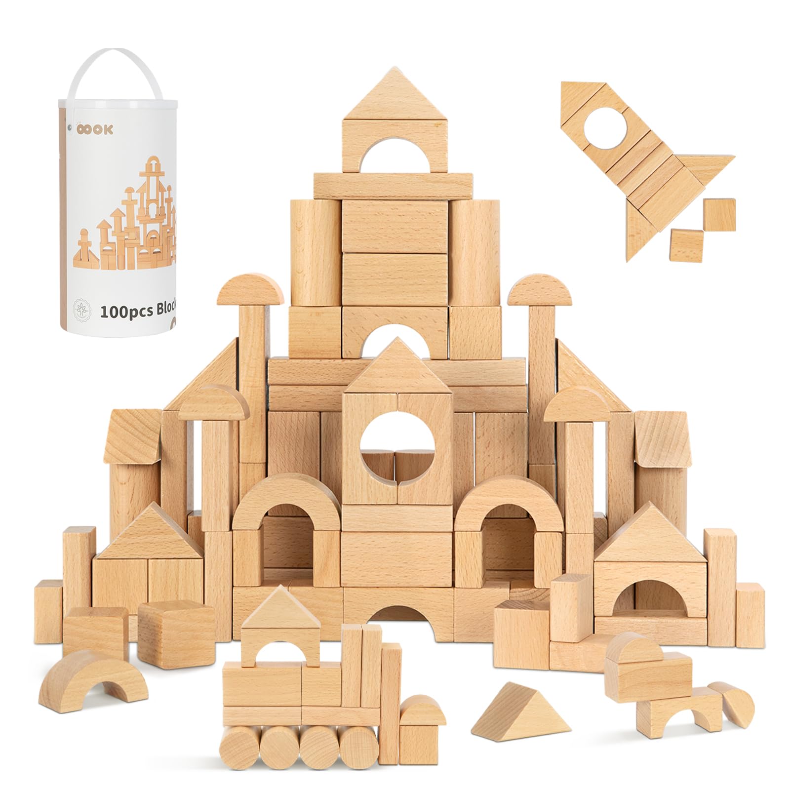 OOOK Natural Beech Wood Building Blocks for Toddlers 1-3, 100pcs Kids Wooden Blocks with Storage Bucket and Shape Sorter Lid, Preschool Learning Toys for Boys and Girls