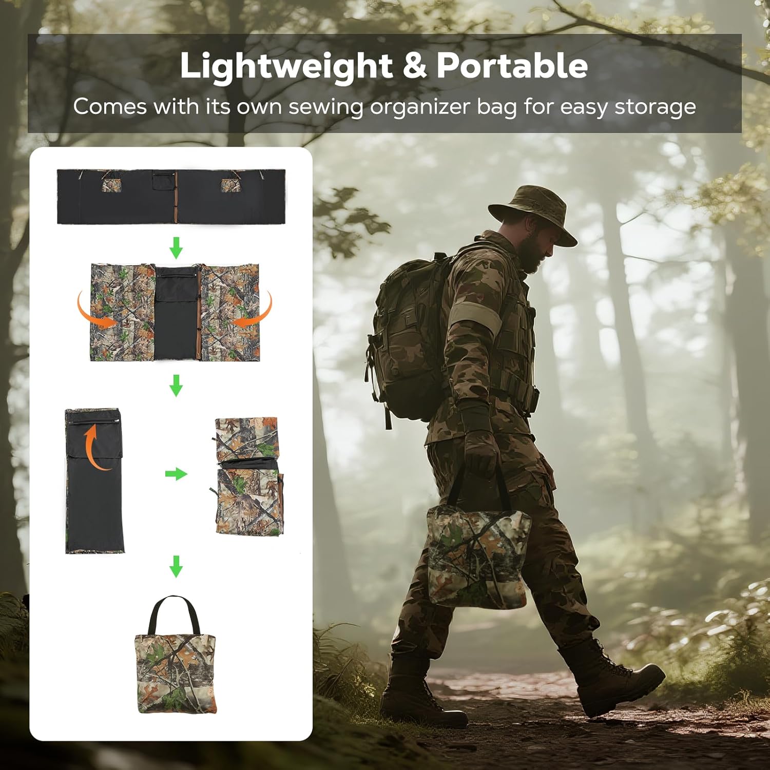 Rhino Valley Hunting Blinds Cover, 142" x 35" Large Tree Stand Blinds Cover, Enhanced Securing Ties for Tree Stand Blind Kit, Deer Hunting Accessories with Silent Buttons, Camo Netting with Zipper - Image 6