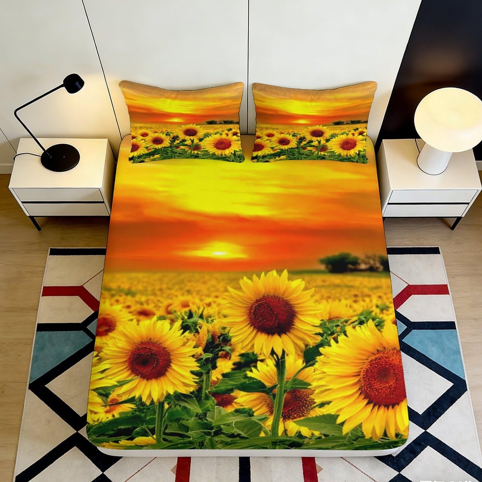 3D Printed Sunflower Fitted Sheet Microfiber Soft Breathable Yellow Sunset Bed Cover for Bedroom Dormitory Guest Room Mattress Protection Decor 140x200x25cm