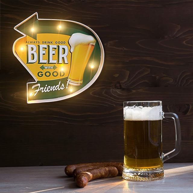 FSVEYL Light Sign Home Decor Coffee Wall Decorations Metal Vintage Handmade Marquee Embossed Tin Decor,Industrial Style Wall Hanging Sign,for Apartment Bar Kitchen or shopBattery Operated (Good Beer)