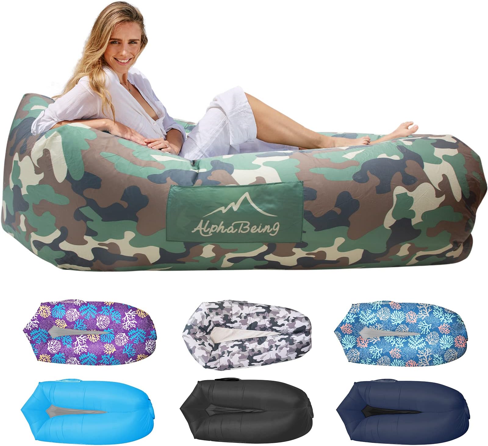 AlphaBeing Inflatable Lounger Air Sofa, Portable Inflatable Couch with Mesh Bottom Air Hammock Anti Leakage Air Chair, Outdoor Camping Hiking Beach Traveling Gift for Men Women,Camo Green