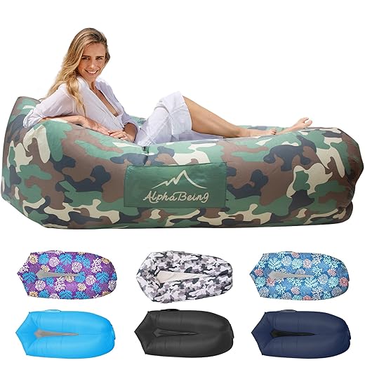 AlphaBeing Inflatable Lounger Air Sofa, Portable Inflatable Couch with Mesh Bottom Air Hammock Anti Leakage Air Chair, Outdoor Camping Hiking Beach Traveling Gift for Men Women,Camo Green