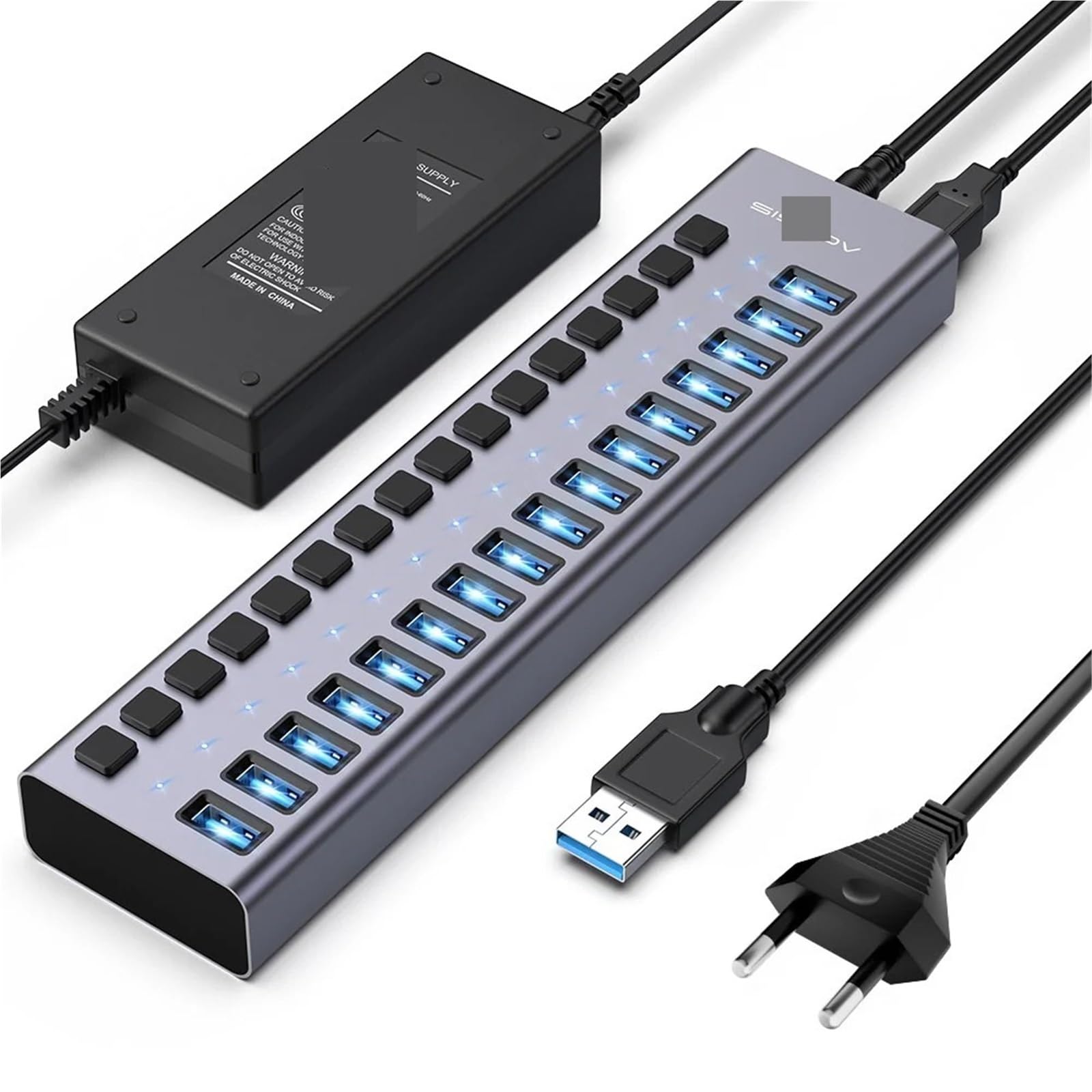 USB 3.1 10Gbps Hub 16 puertos divisor transferencia de datos carga interruptor individual luz indicadora para teclado mouse impresora (16 puertos con enchufe de la UE)