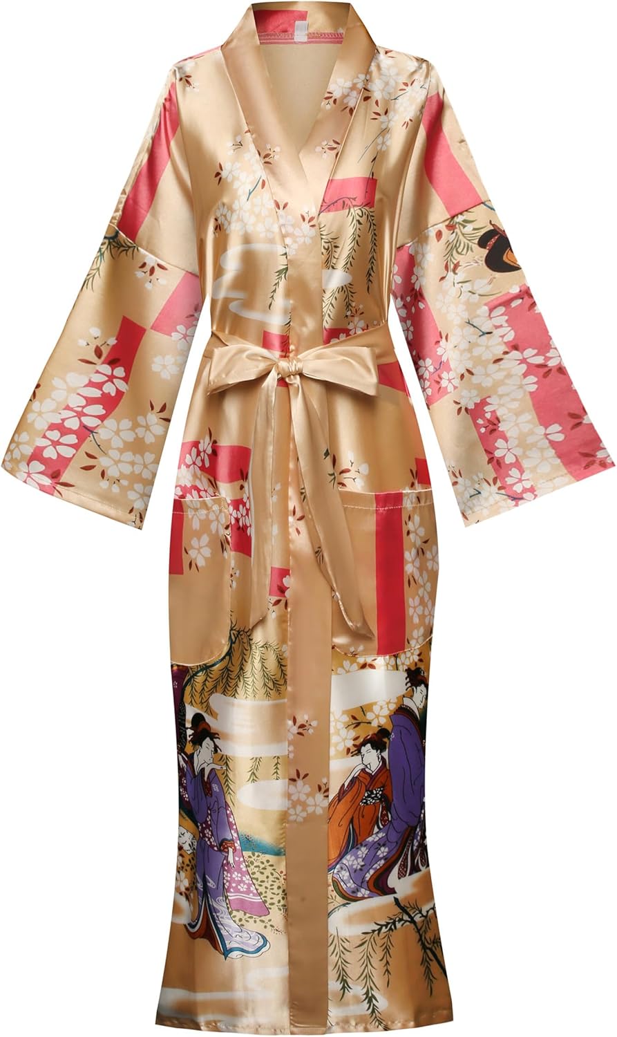 Women's Floral/Patterned Silky Kimono Robes Long Satin Bathrobes Sleepwear Loungewear